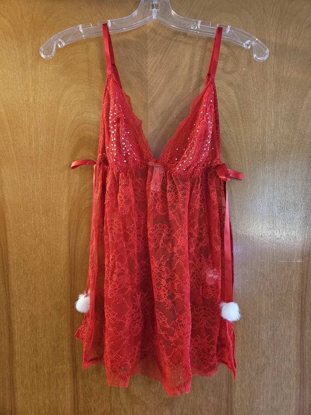Victoria's Secret Red Lace Sequin Babydoll Chemise with Pom Accents Holiday NWOT